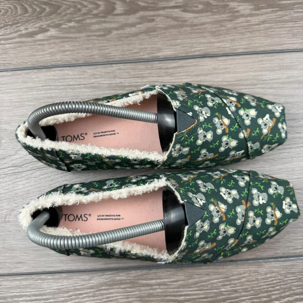 TOMS Womens Alpargata Faux Fur Koala Print Slip On Green 8.5